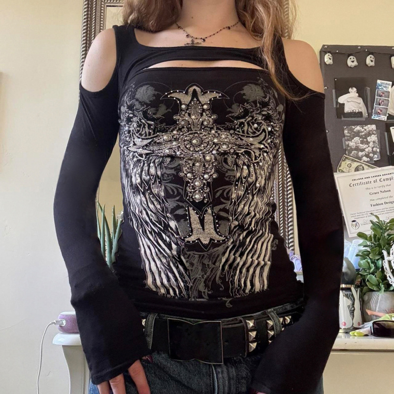 European and American Cross-Border Dark Wrap Chest Long-Sleeved Tops New Personalized Printed Sexy Sexy Slimming Look Waist T-Shirt European and American Cross-Border Dark Wrap Chest Long-Sleeved Tops New Personalized Printed Sexy Sexy Slimming Look Waist T-Shirt