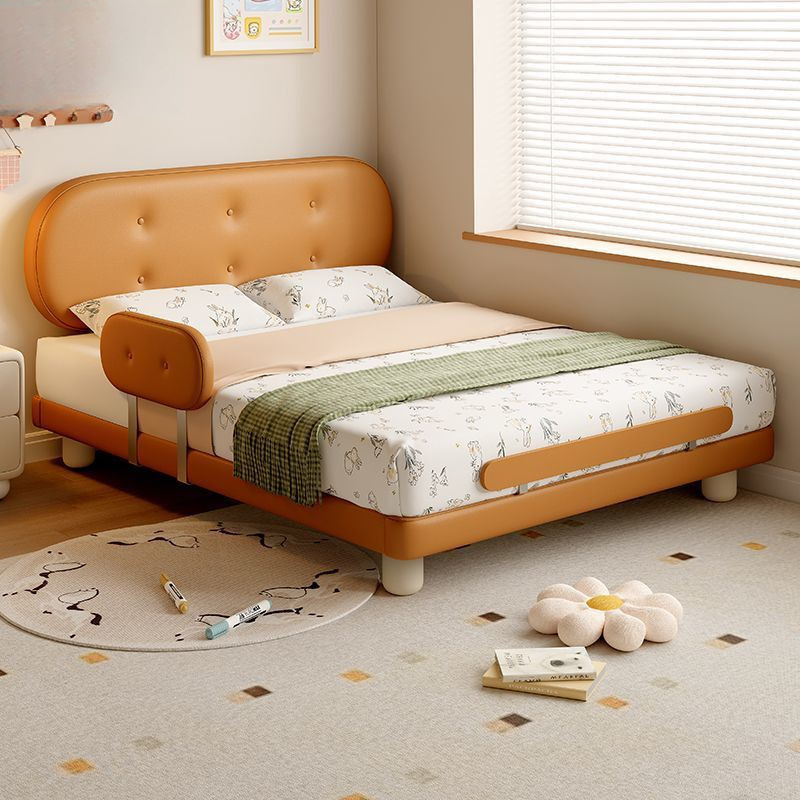 Children's Biscuit Bed with Guardrail, Top-Layer Cowhide, Small Modern Minimalist Cartoon-Style Single Children's Bed for Children's Room