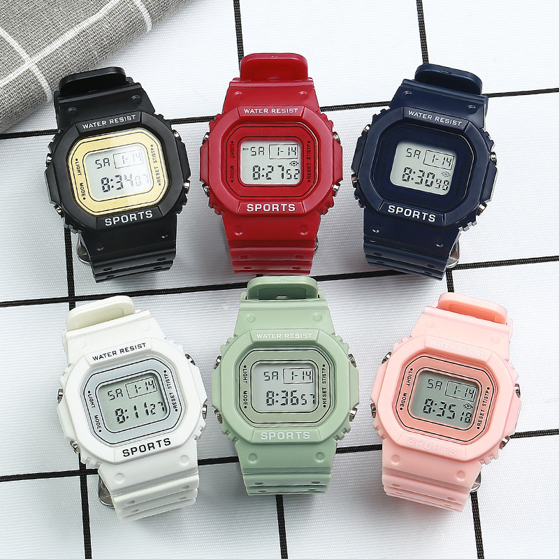 Matcha Green Solid Color Square Couple Led Digital Watch Multi-Functional Luminous Waterproof Watch for Male and Female Middle School Students