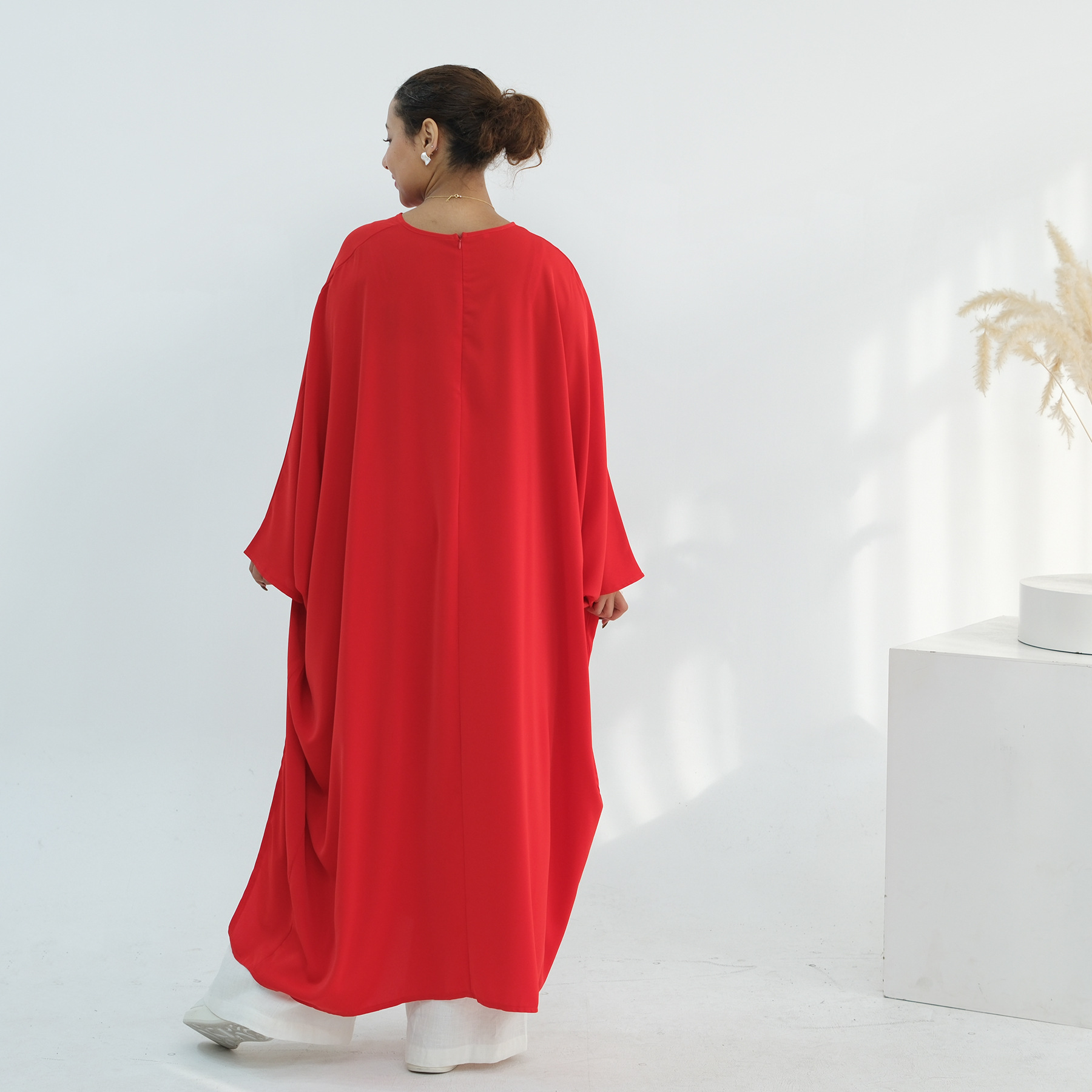 Voya Women's Oversized Modest Robe - Loose Fit Asymmetric Top With Crew Neck, Solid Color Longline Cardigan, Casual Loungewear, Elegant Daily Wear,_ecoleips.com