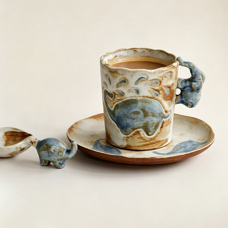 Vintage-style elephant ceramic coffee mug, kiln-fired hand-painted mug, cute niche art latte cup, afternoon tea cup