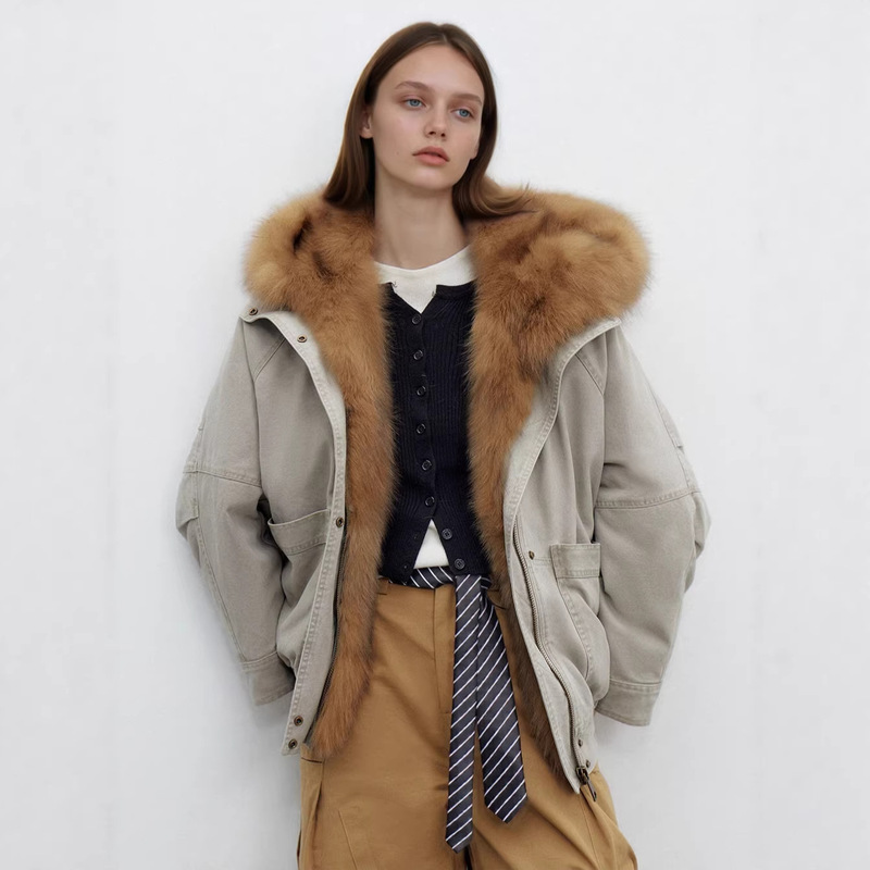 Jiarong Short Washed Denim Detachable Fox Fur Hooded Goose down Parka for Women - Muxingzhe Jiarong Short Washed Denim Detachable Fox Fur Hooded Goose down Parka for Women - Muxingzhe