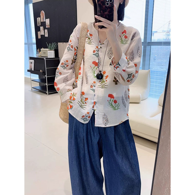 Summer Dopamine Cool and Breathable 100% Ramie Holiday Small V Neck Printed Thin Three-Quarter Sleeve Shirt
