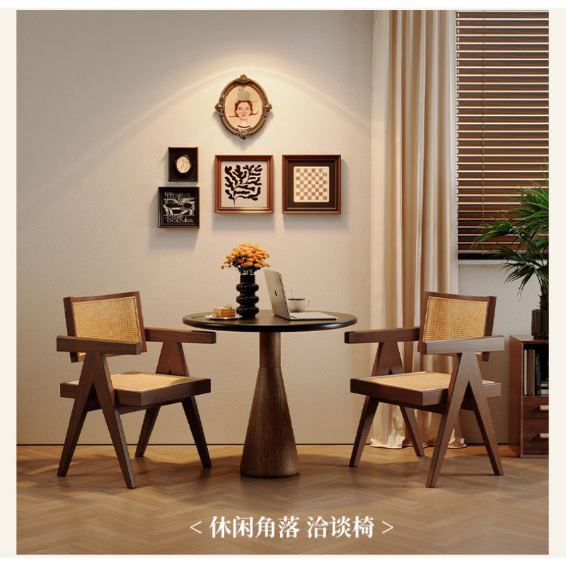 昌迪加尔藤编餐椅做旧中古诧寂风椅子家用靠背椅白蜡复古实木茶椅|undefined