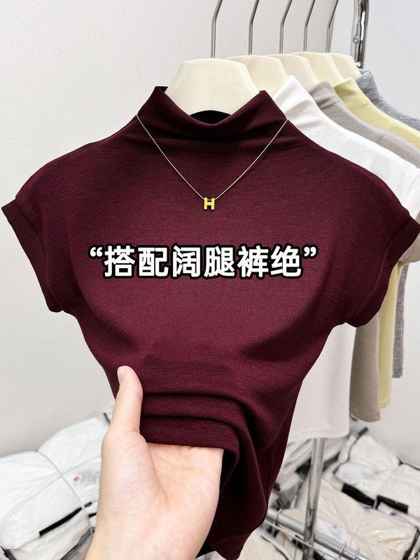 女性用のエレガントな小さなフライングスリーブトップ、ニッチデザイン、ハーフタートルネック、スリムフィットストレッチTシャツ、夏の人気の韓国トップス|undefined