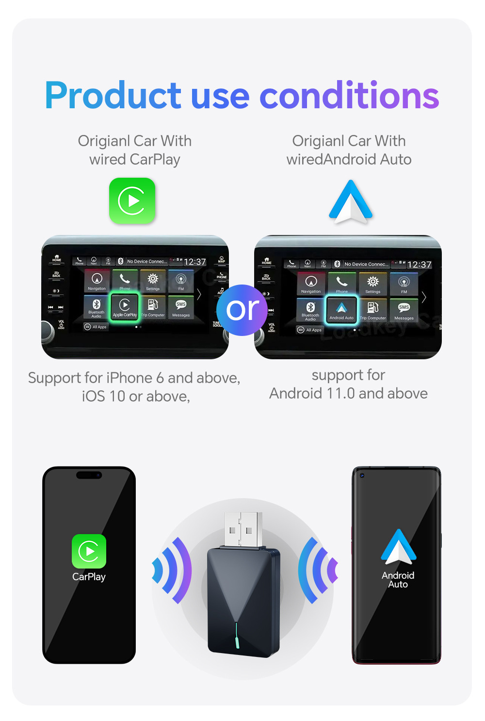 Wired to Wireless Apple Carplay Box Mini Plug-In Android Adapter Bluetooth Automatic Connection