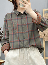 文艺复古格子双层棉纱长袖衬衫 女2025秋装新款休闲显瘦上衣 4585