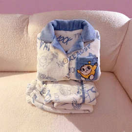 新款冬季卡通蛋仔保暖加厚长款男童睡衣儿童珊瑚绒男孩家居服时尚