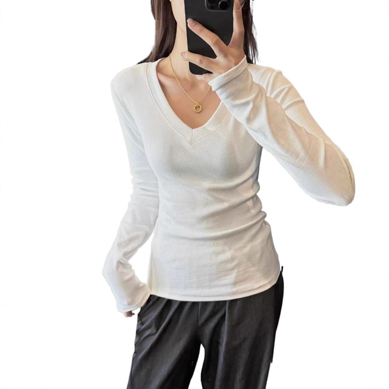 韩系正肩基础款V领长袖t恤女秋季2025新款内搭打底衫修身收腰上衣|undefined