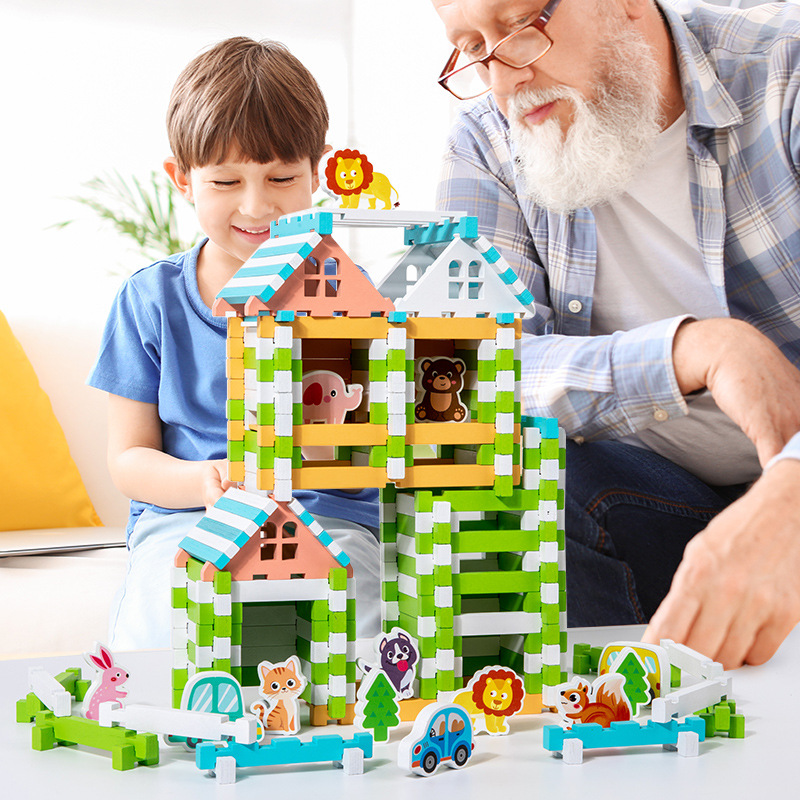 Rompecabezas para niños, construcción de bloques de construcción de educación temprana, 120 bloques de construcción de espiga y espiga, juguetes de madera ensamblados
