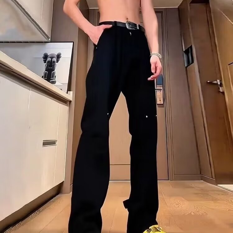 Pantalones vaqueros con botones viejos lavados de la calle americana Pantalones largos de estilo vibe rectos sueltos de primavera y otoño para hombres