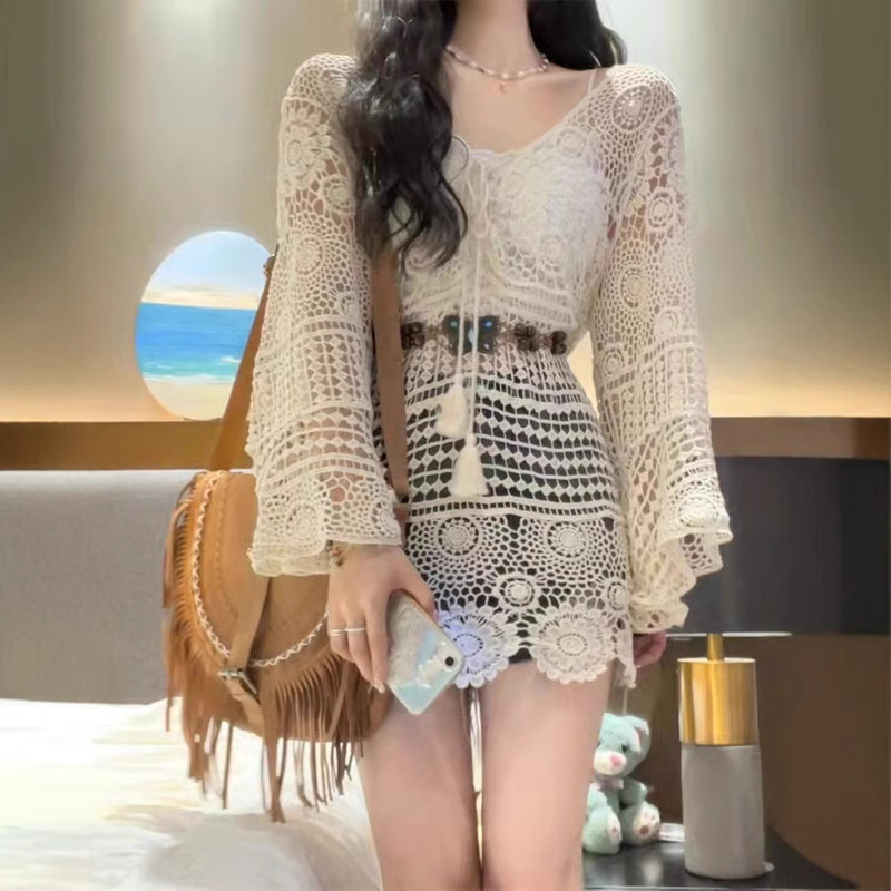 Thailand Vacation Midi Hollow-out Horn Sleeve Lace Turtleneck Crochet Loose Hot Spring Outer Knitted Blouse