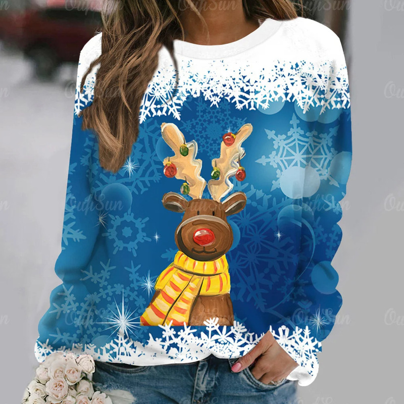 Christmas Ladies Long Sleeve Cartoon Elk Digital 3D Print Harajuku Ladies Fashion Street Pullover