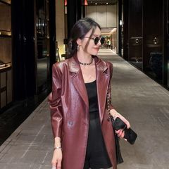 安哥拉红炸街复古PU皮西装2025春秋季新款宽松港风皮衣外套女上衣