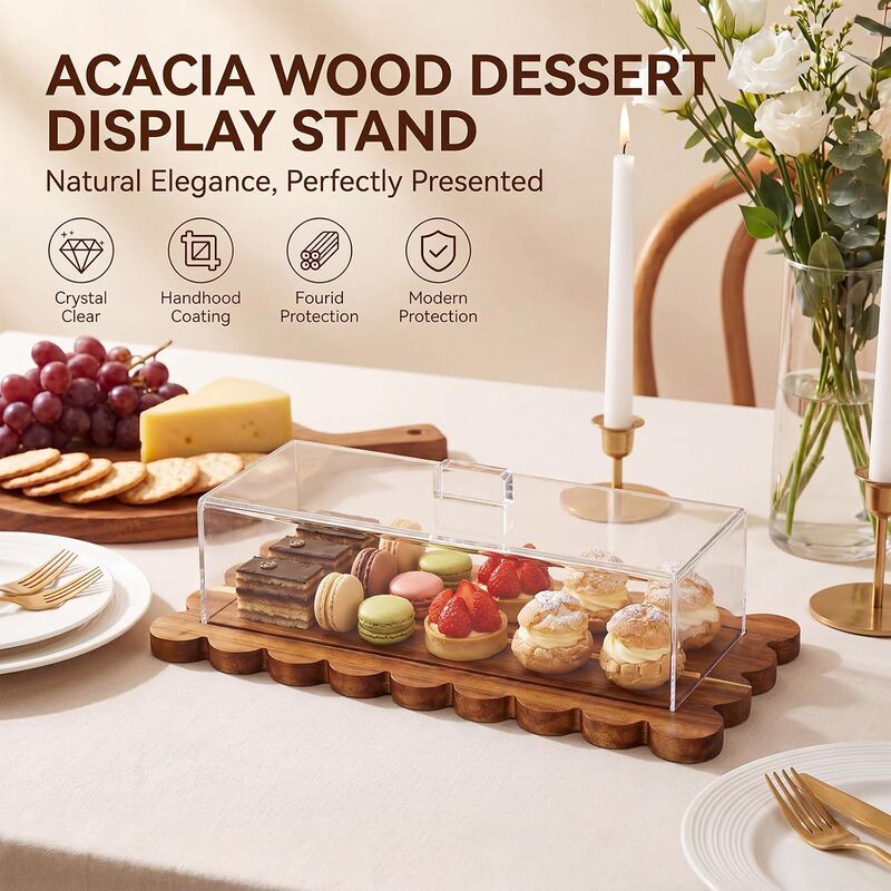 Wooden Cake Tray with Wavy Shape and Preservation Cover, Bread, Fruit, Dessert Serving Plate, Kitchen Steak and Deli Tray Wooden Cake Tray with Wavy Shape and Preservation Cover, Bread, Fruit, Dessert Serving Plate, Kitchen Steak and Deli Tray