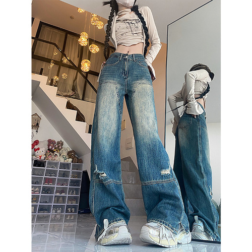 Women's Spring and Autumn Fat Sister Loose and Slimming High-Waisted Straight Leg Wide Leg Floor-Length Pants with Big Size Split and Hole