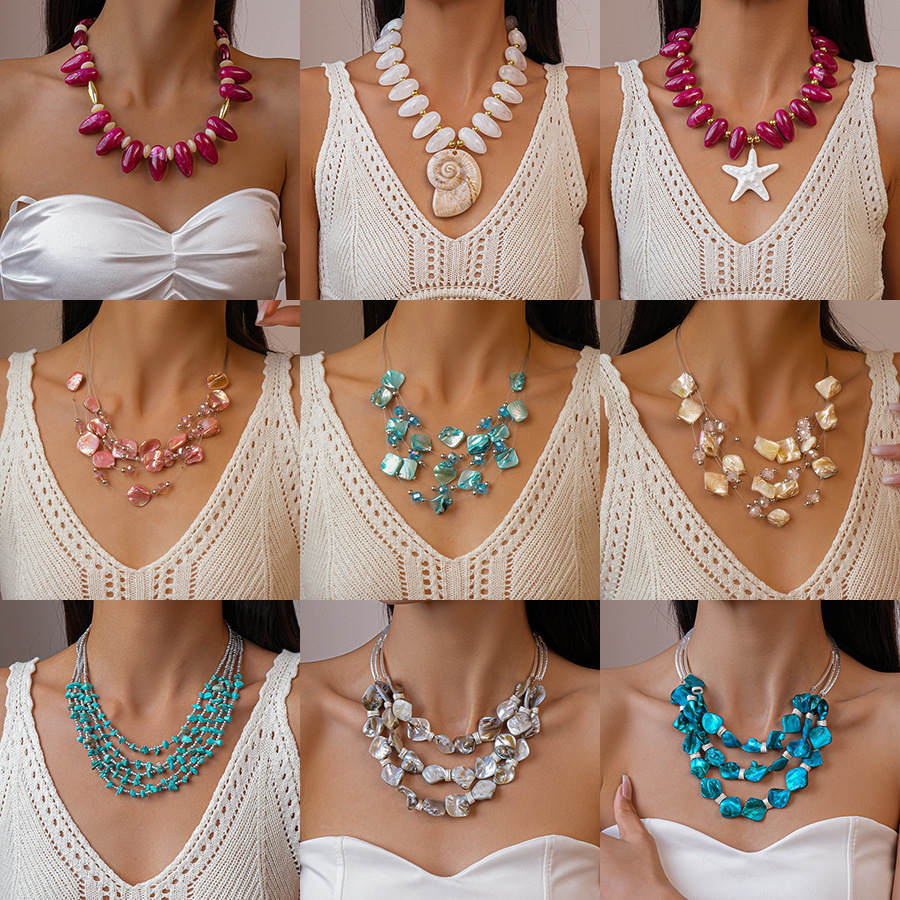 European American Cross-border Acrylic Beaded Shell Starfish Necklace, Holiday Style Fashion Collarbone Chain, Fresh And_voghion.com