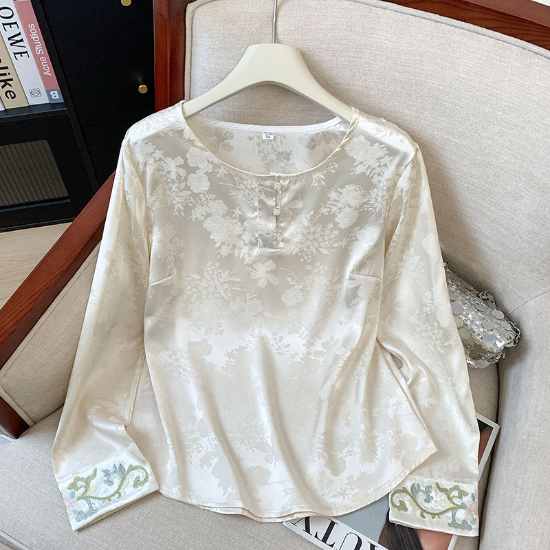 Chinese Style Embroidered Shirt Women's Retro Jacquard Long-Sleeved Bottoming Shirt Spring New Chinese Style Silk Top with Vest
