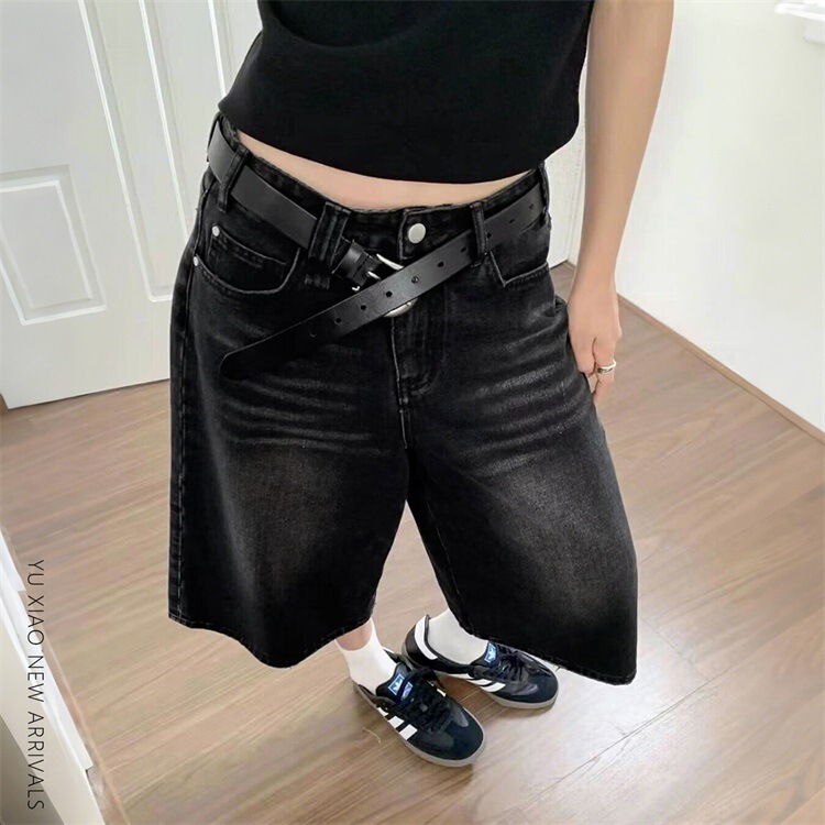 American-Style Black Wide-Leg Denim Cropped Pants for Women, Summer Pear-Shaped Body, Plus-Size, Loose Fit, Slimming Straight-Leg Pants American-Style Black Wide-Leg Denim Cropped Pants for Women, Summer Pear-Shaped Body, Plus-Size, Loose Fit, Slimming Straight-Leg Pants