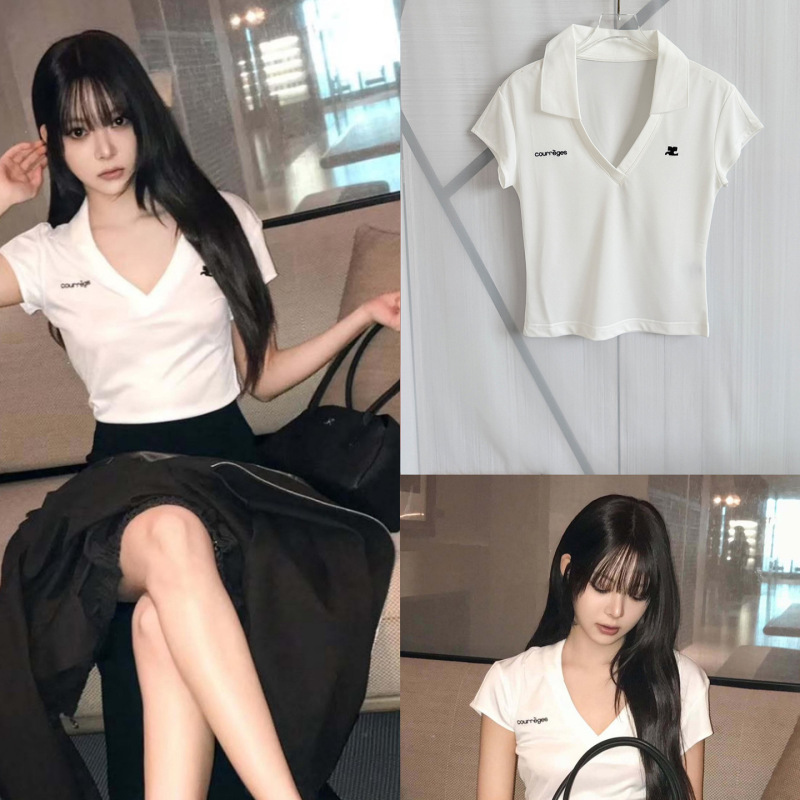 Nanyou Niche 2026 Summer New Style Letter Embroidery Turn-Down Collar Deep V-Neck Regular Shoulder Short-Sleeve T-Shirt Sports Short Top for Women