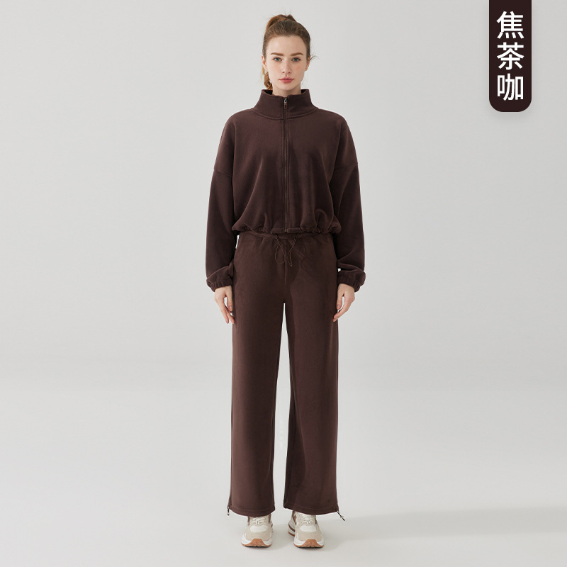 Suéter de cuello alto con cremallera de lana para mujer conjunto de dos piezas Otoño e Invierno engrosado cálido deportes Top pantalones traje casual