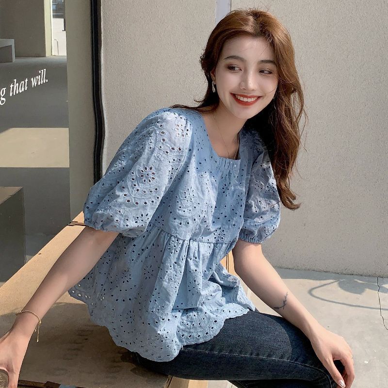 NUNBAI Doll Shirt Short-sleeved New Cotton and Linen Top Women's Summer Hollow Puff Sleeve Color Shirt All-match Lace Cover Meat