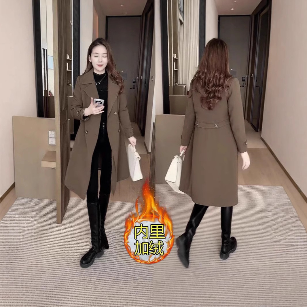 fleece-lined Thickened Windbreaker Coat Women's 2024 Autumn and Winter New Slimming Small Medium and Long Coat Coat