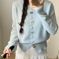 初秋新款温柔风圆领上衣秋冬女洋气毛衣单排扣长袖针织开衫外套女