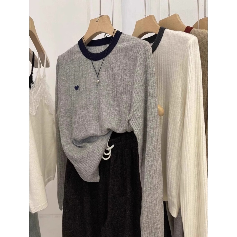 Elegant Commuter Lazy Style Embroidered Love Sweater Base Shirt Women's Autumn Loose Slimming Color Matching Inner Top