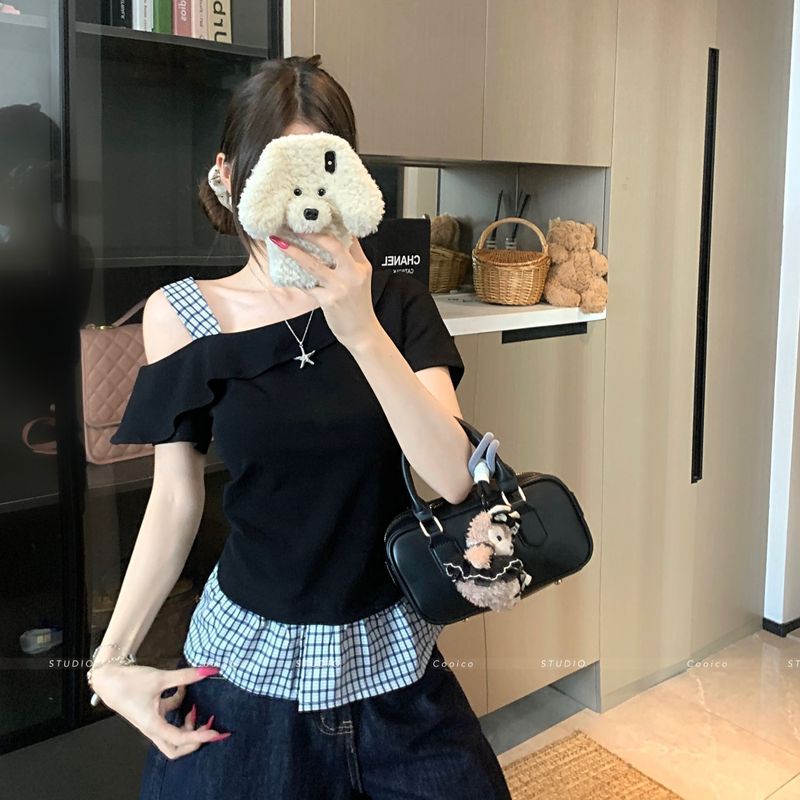 大码露肩设计感拼接短袖t恤女夏季2025新款胖mm褶皱收腰斜肩上衣|undefined
