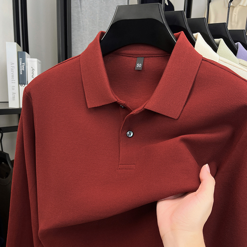 100% Mercerized Cotton Autum New Pure Color Long-Sleeved Polo Shirt Men's High-End Casual Lapel Bottoming Shirt Wholesale