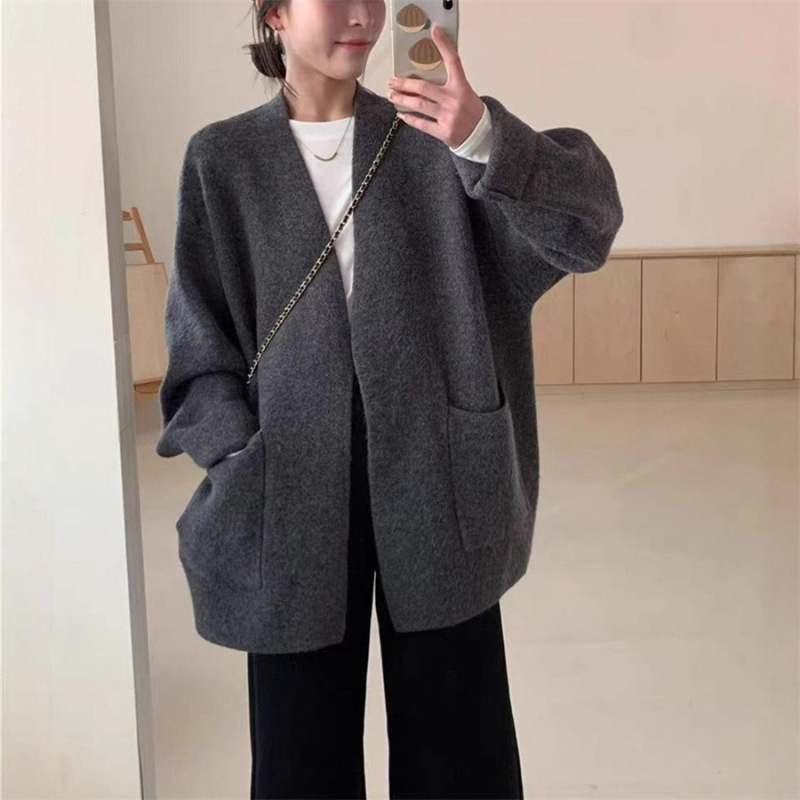韩版宽松V领毛衣外套女秋冬新款简约慵懒风厚实软糯针织开衫上衣|undefined