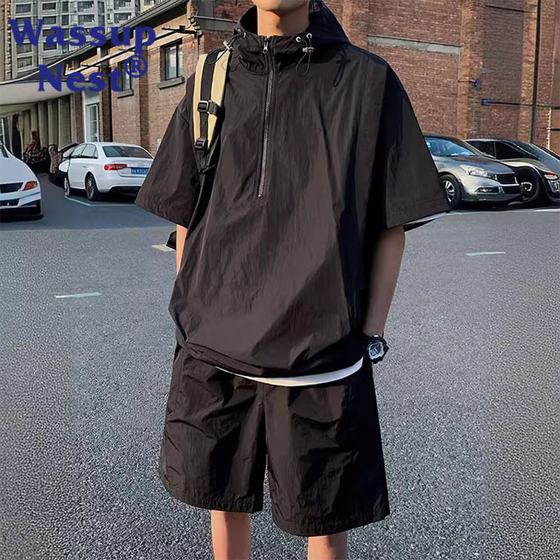 Wasuup Workwear Short-Sleeved Suit Men's Summer Ice Silk Thin Casual Hooded Quick-Drying Outdoor Cycling Sportswear