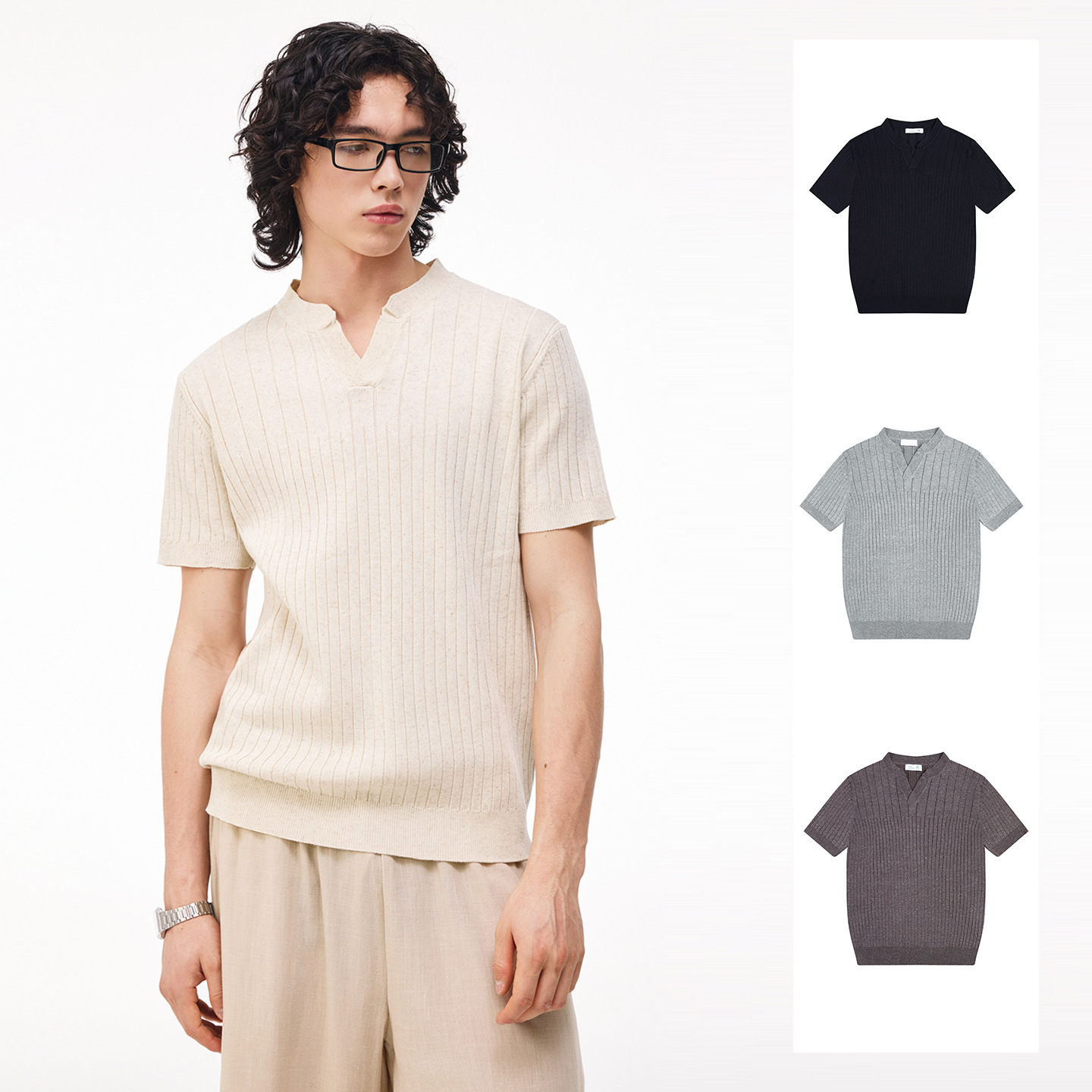 Old Money Style Small V-Neck Short-Sleeve Commuter Knit Shirt in Solid Color, 26 Spring/Summer New Lyocell Striped Casual Top for Men