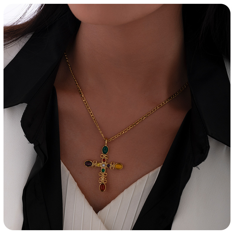 Tina acero inoxidable piedra natural collar cruz colgante de mujer nicho de alta calidad joyería cadena clavícula al por mayor transfronteriza image 3