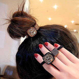 2025 New Trendy Korean-Style Elegant Square Full Diamond Bear Hair Tie Simple Bun Ponytail Hair Rope