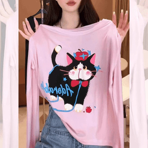 芯娇晴粉色猫咪印花长袖防晒T恤女夏季2025宽松显瘦冰丝薄款上衣|undefined