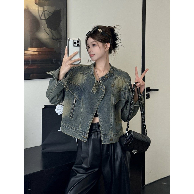 Kurtka motocyklowa dla chłopca ze stójką i dżinsowym kołnierzem, jesień 2025, nowa, unikatowa, zapinana na zamek, luźna, krótka bluzka w stylu retro_voghion.com