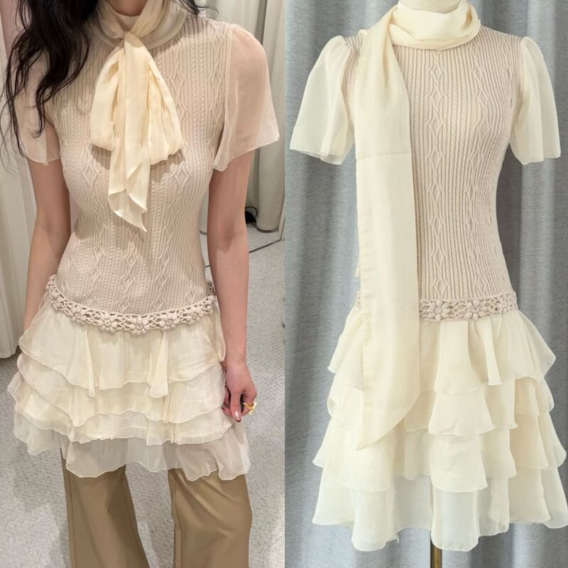 In Stock/High-End Version 2026 Milk Apricot Color Wool Knit Hand-Crocheted Lace-Up Patchwork Dress
