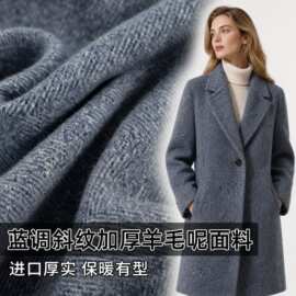 进口加厚秋冬蓝色调斜纹羊毛毛呢羊绒布料做衣服大衣斗篷服装面料