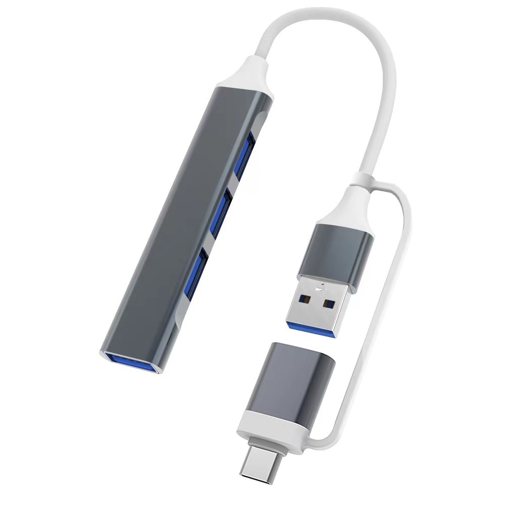 Dos en uno USB de uno a cuatro + adaptador macho de tipo C Gris