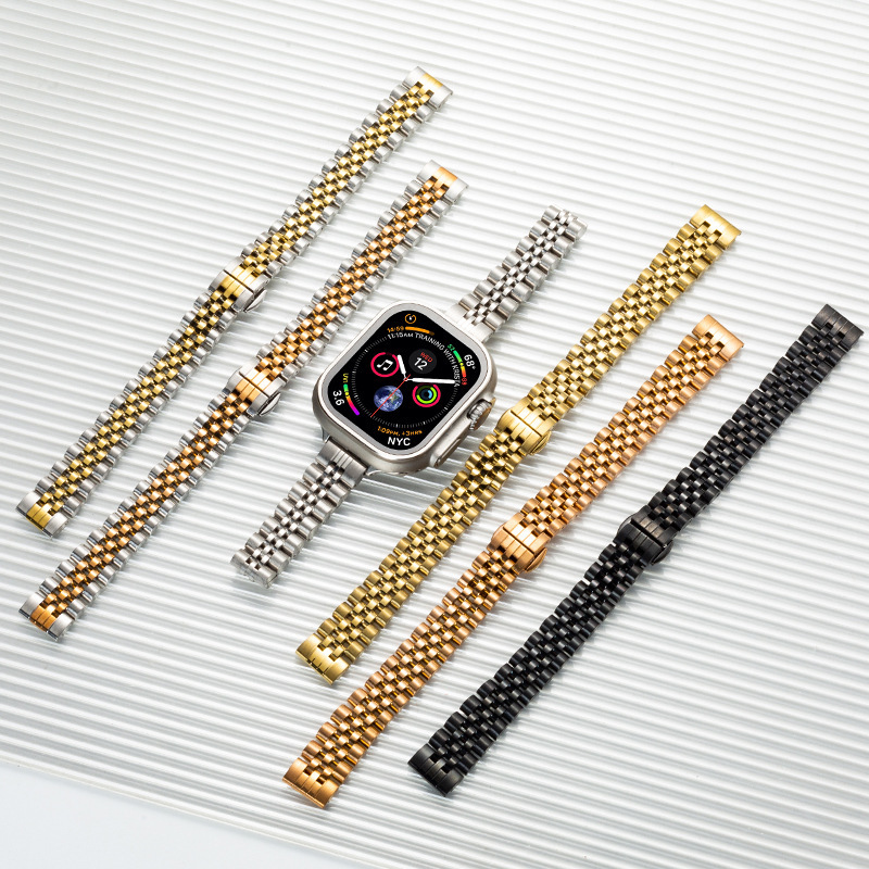 Suitable for Apple Five-Bead Slim Waist Solid Stainless Steel Huawei Samsung Metal Watch with Butterfly Clasp Watch Band Suitable for Apple Five-Bead Slim Waist Solid Stainless Steel Huawei Samsung Metal Watch with Butterfly Clasp Watch Band