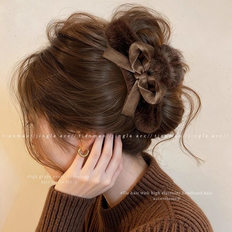 85#Brown checkered bow, brown plush, approximately 13cm