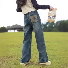 女童牛仔褲2024春秋兒童洋氣中大童休閒長褲刺繡後袋直筒褲子潮