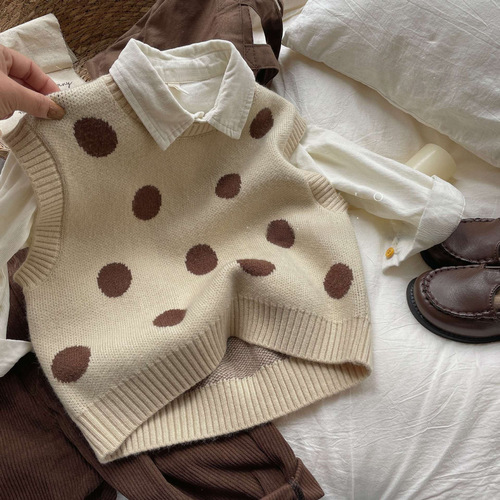  Korean Version Children's Spring and Autumn New Round Dot Vest Cardigan for Boys and Girls Retro Polka Dot Knit Top Trend