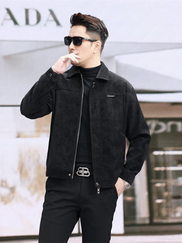 轻奢美式复古皮衣男士皮夹克外套翻领麂皮绒衣服春秋新款休闲上衣|undefined