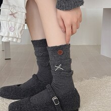 花田兔 加厚保暖纽扣蝴蝶结花苞口羊毛袜子女秋冬日系芭蕾堆堆袜