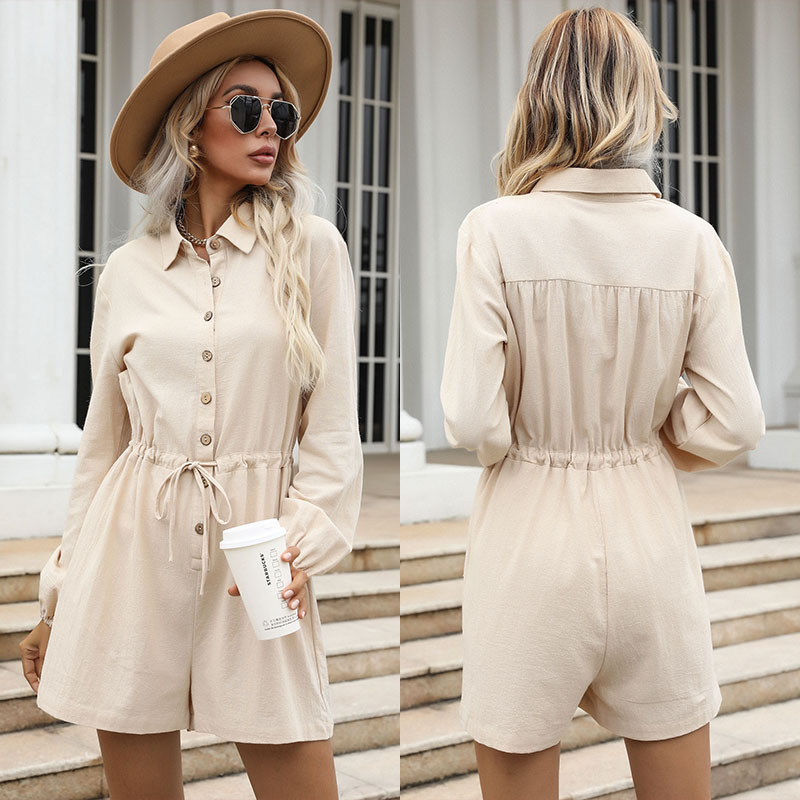 Solid Color Lapel Drawstring Wide-leg Shorts Jumpsuit_voghion.com