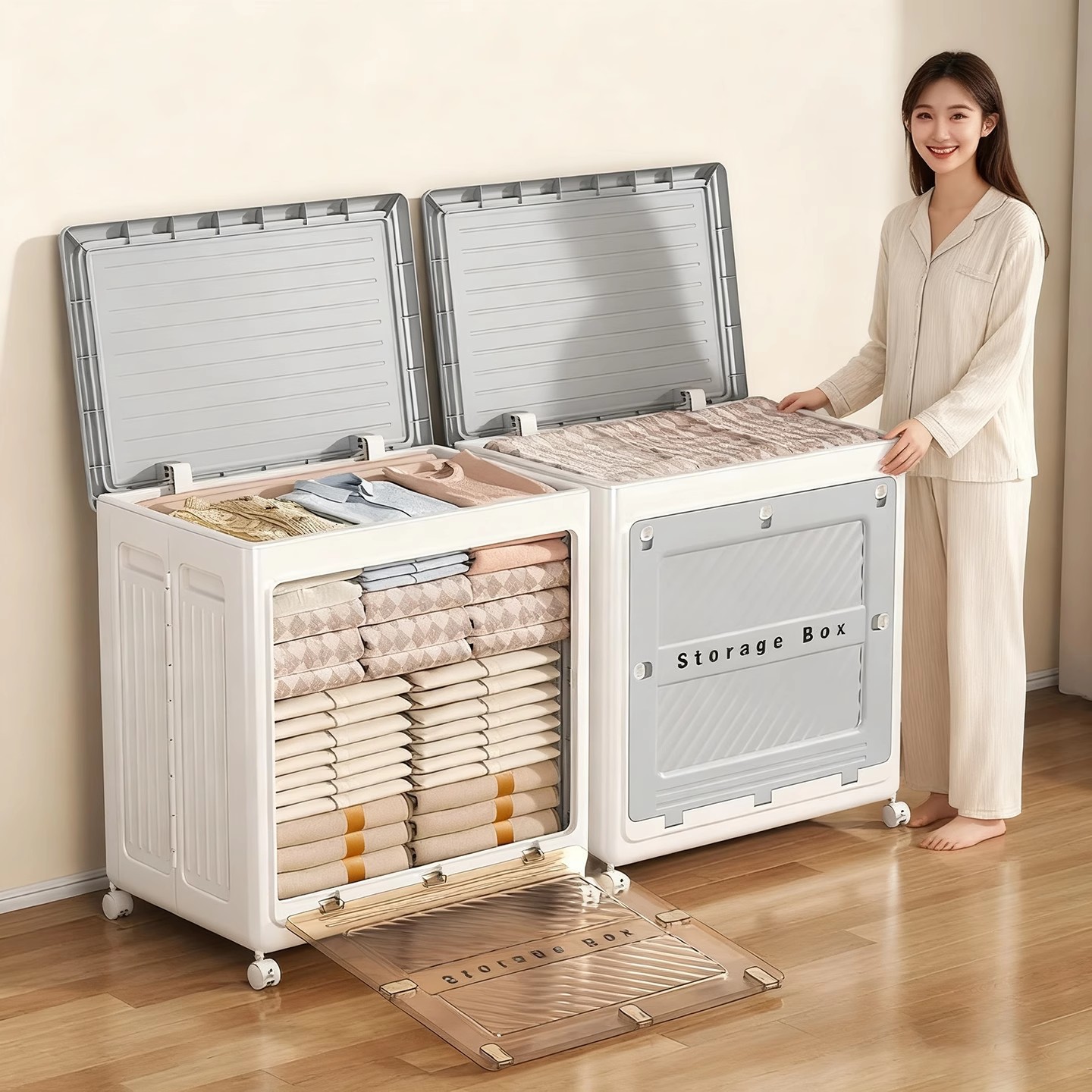 Clothes Storage Box Extra Large Capacity Household Flip-Top Wheeled Sliding Foldable Storage Cabinet Multi-Functional Organizing Storage Cabinet