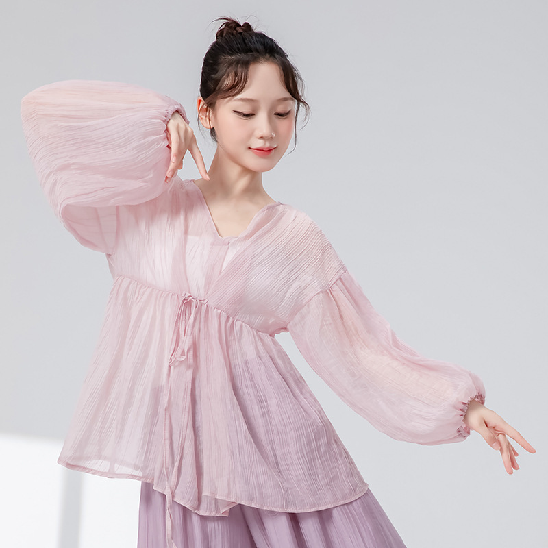 古典舞练功服女新款系带灯笼袖宽松罩衫中国舞成人舞蹈服网纱上衣|undefined